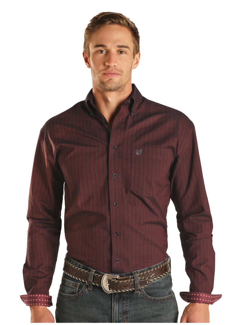 Mens Maroon Textured Stripe Western Shirt