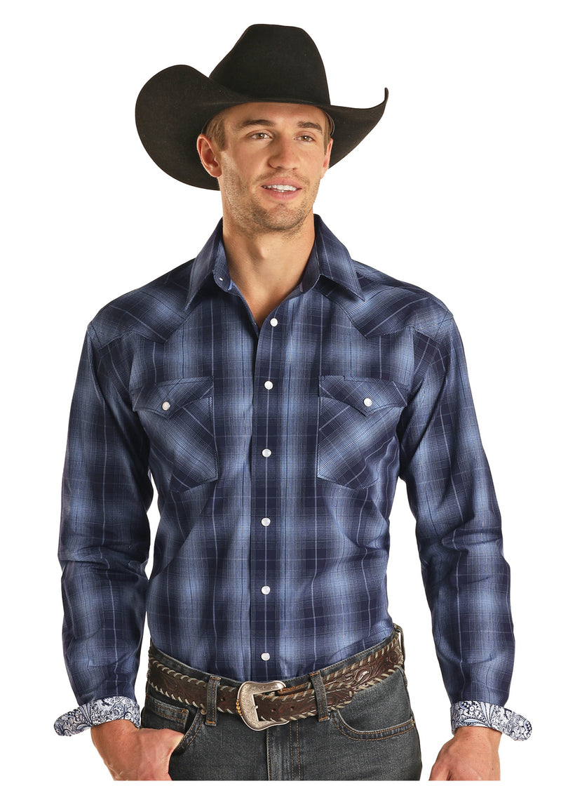 Mens Navy Ombre Plaid Western Shirt
