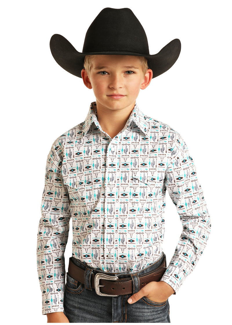 Boys Turquoise Conversation Print Snap Button Western Shirt