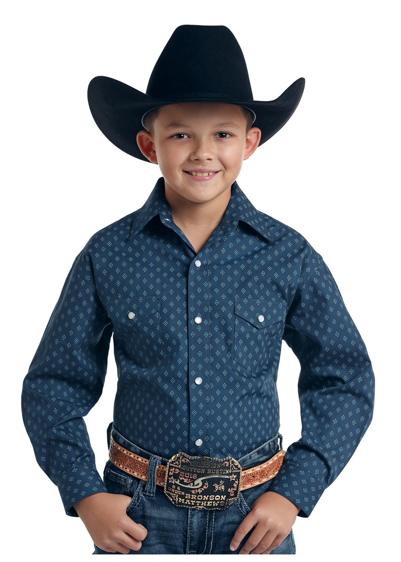 Boys Rough Stock Navy Diamonds Western Shirt