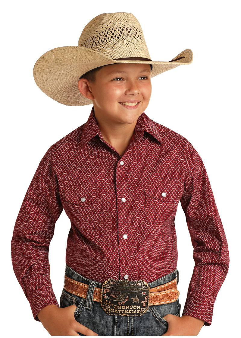 Boys Geometric Print Marron Western Shirt