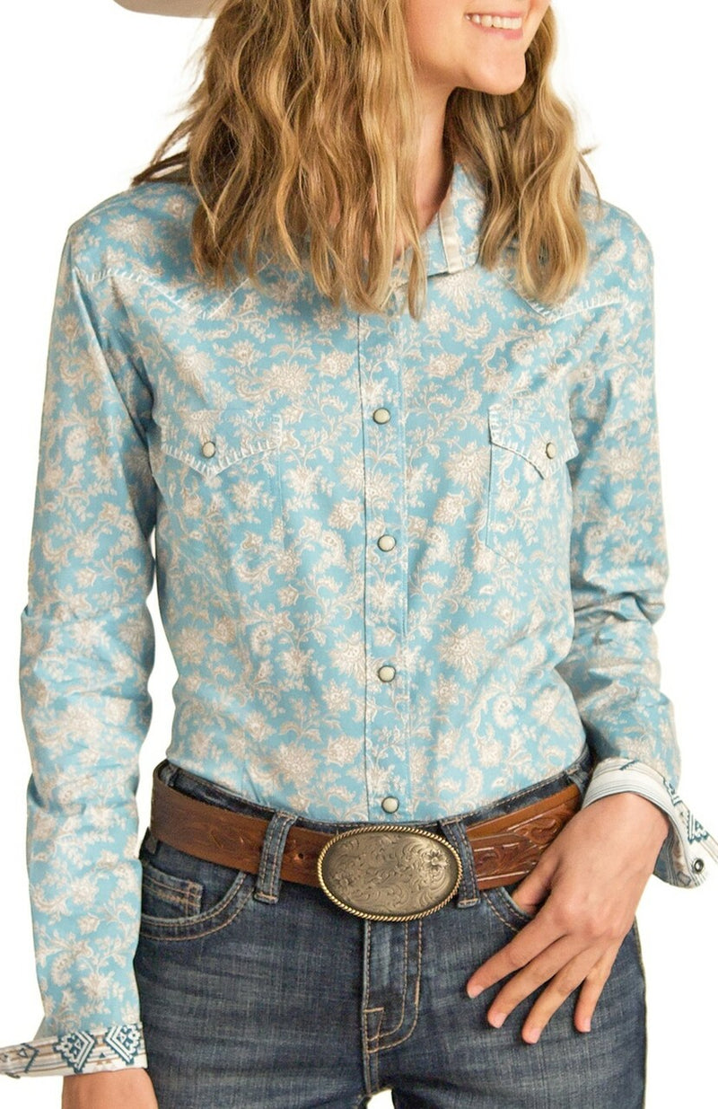 Womans Baby Blue Floral Long Sleeve Shirt