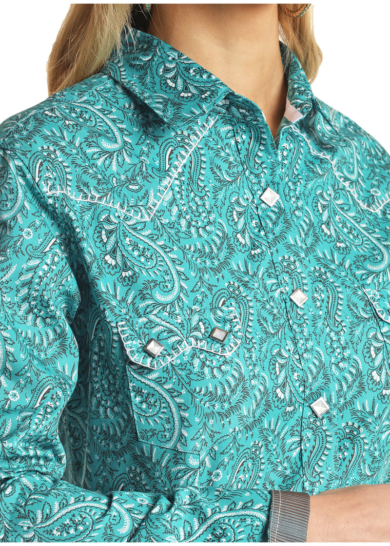 Womens Bright Turquoise Feathered Paisley Shirt
