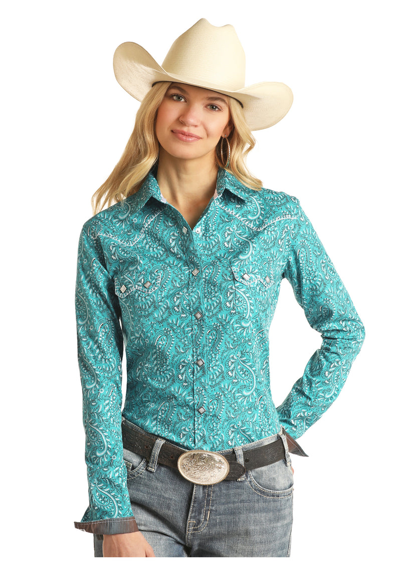Womens Bright Turquoise Feathered Paisley Shirt