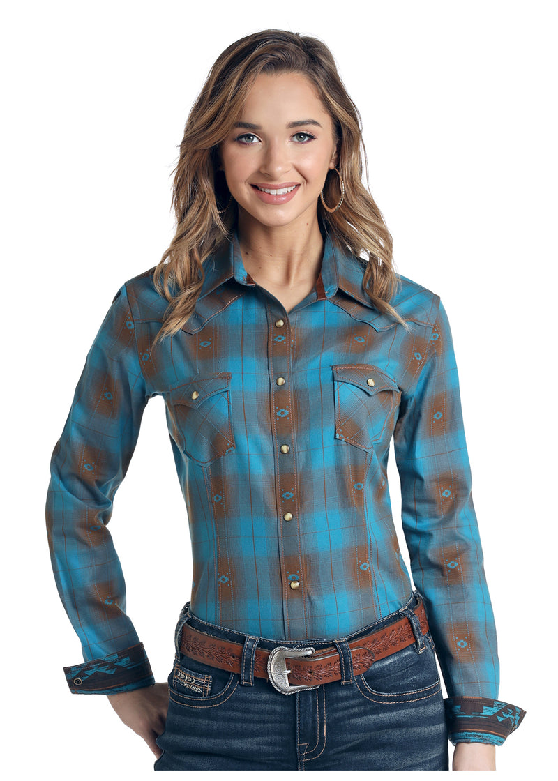 Panhandle Turquoise/Brown Plaid Long Sleeve Shirt