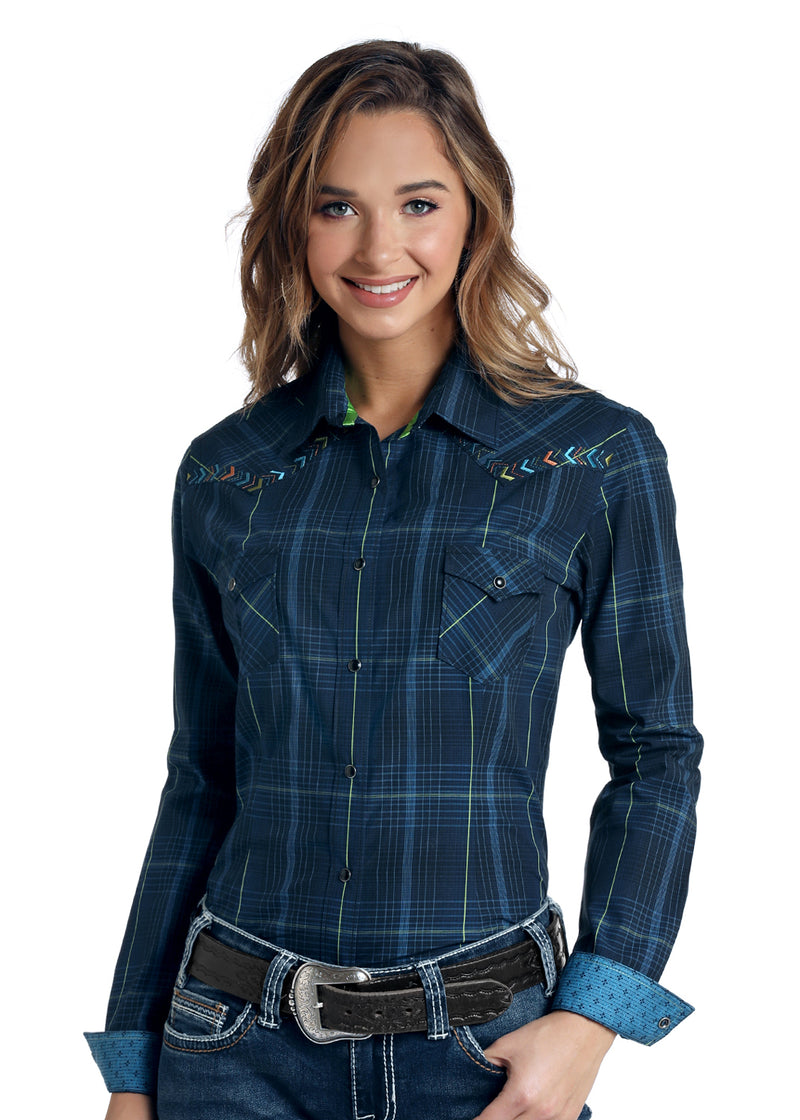 Womans Panhandle Aztec Emroidered Blue Plaid Long Sleeve Shirt