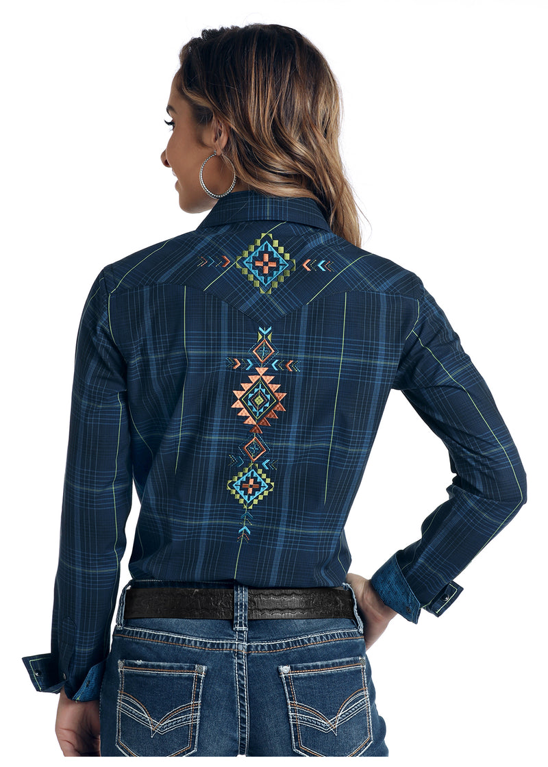 Womans Panhandle Aztec Emroidered Blue Plaid Long Sleeve Shirt