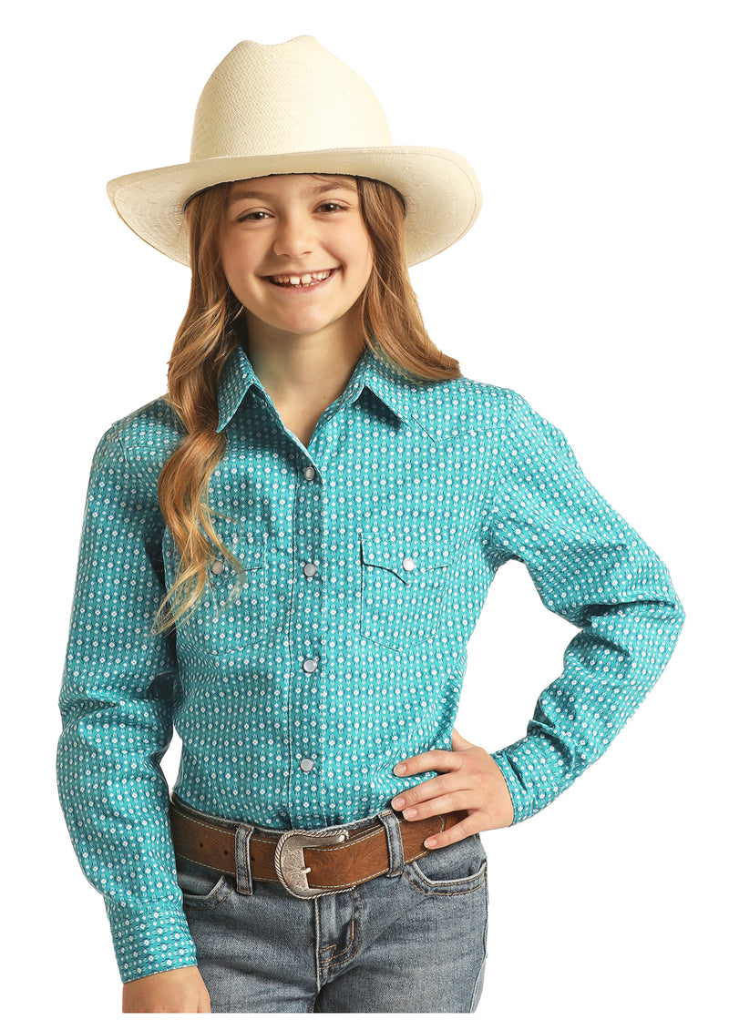 Girls Aqua Micro Geoprint Western Shirt