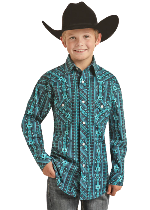 Boys Aztec Turquoise Printed Western Shirt