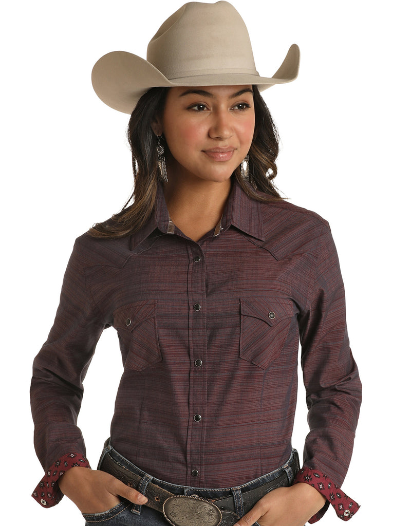 Womens Rough Stock Stripe Maroon Western Shirt