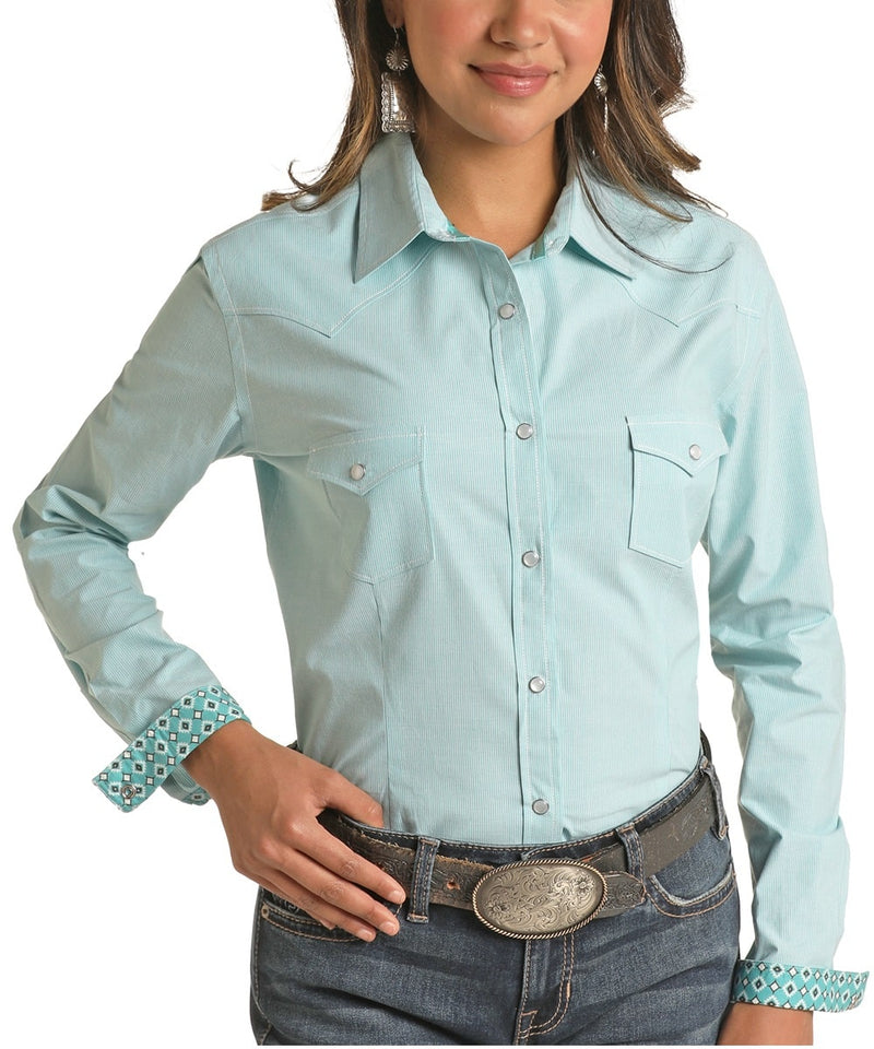 Womens Rough Stock Pale Blue pinstripe Arena Shirt