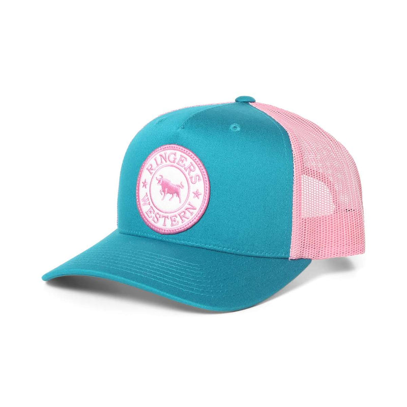 Kids Ringers Western Signature Bull Trucker Cap - Teal/Pink