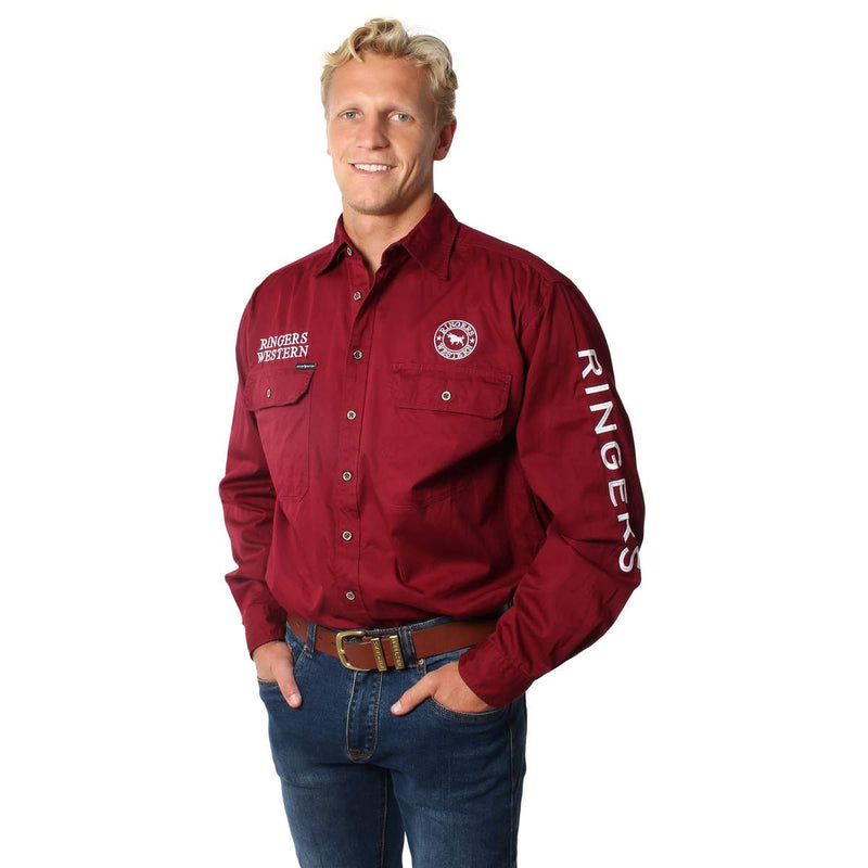 Ringers Western Hawkeye Mens Full Button Work Shirt  Burgundy