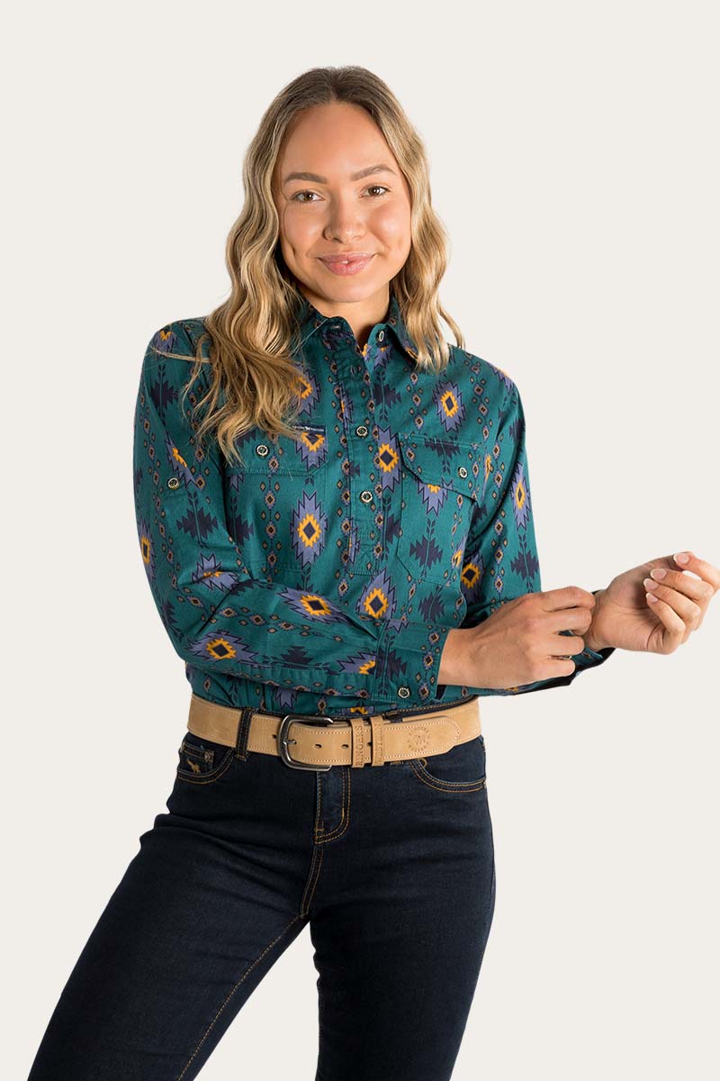 Ringers Western Limited Edition Womens Half Button Work Shirt - Amazon Green Montana