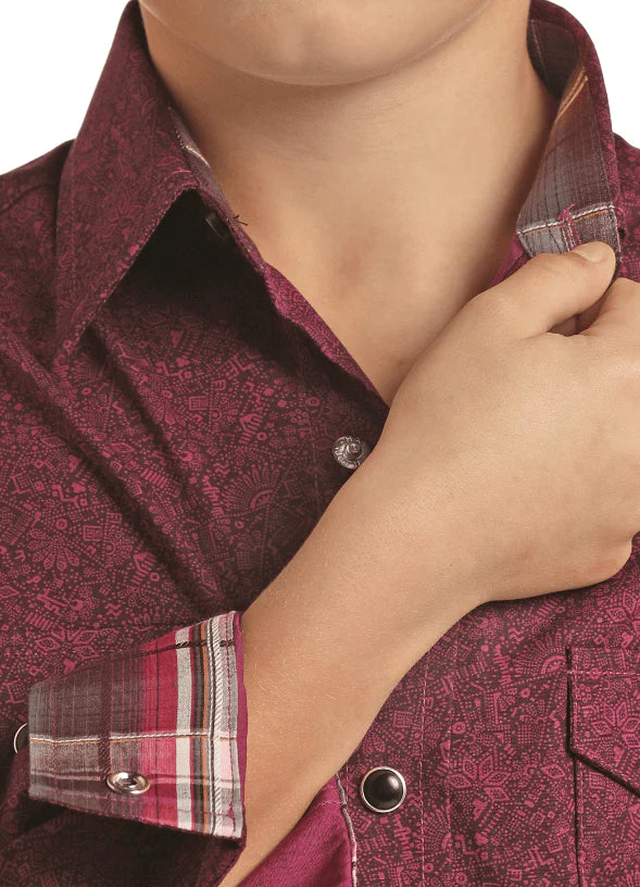 Boys Printed Maroon Western Shirt