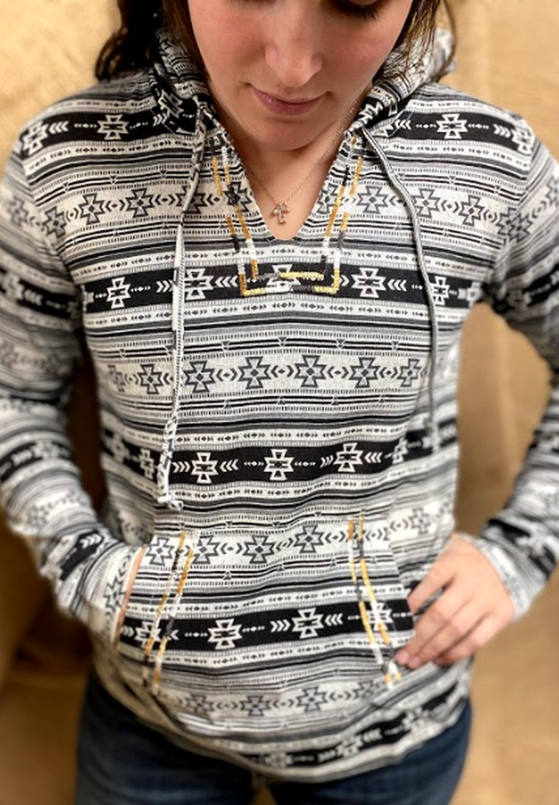 Womans Black and White Aztec Lightweight Pullover Hoodie