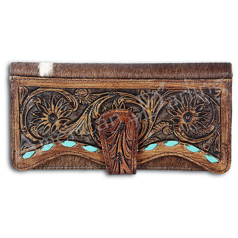 Aqua Stitch Floral Carved Cowhide Wallet