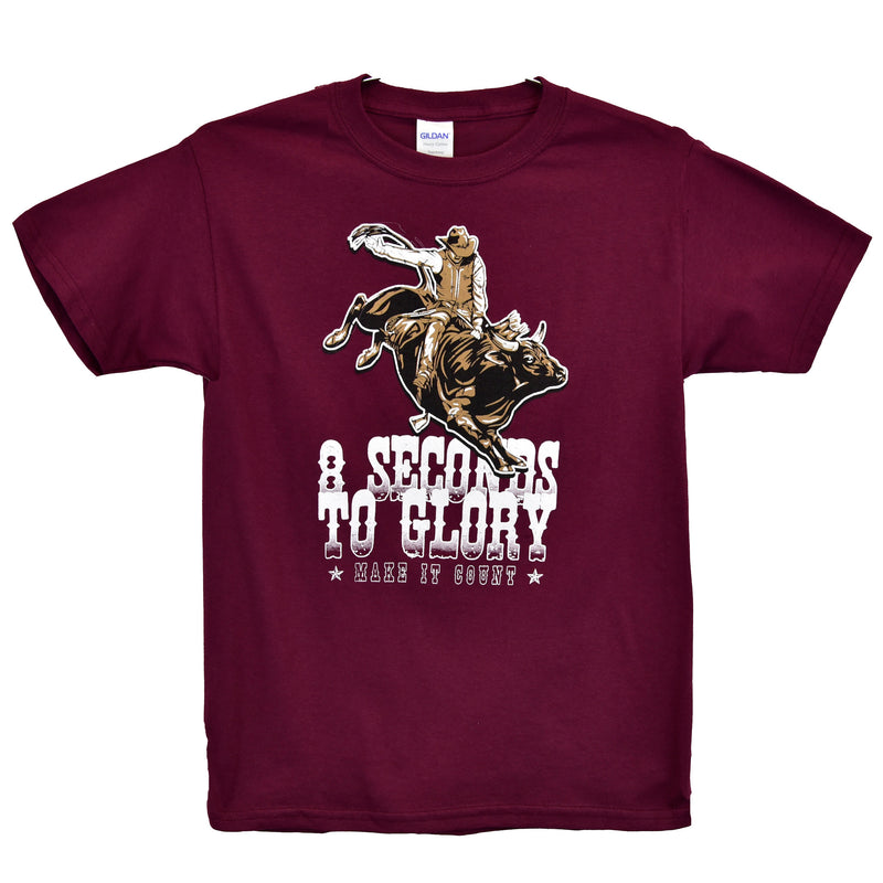 Boys 8 Seconds Glory Maroon Bull Riding Rodeo Tee