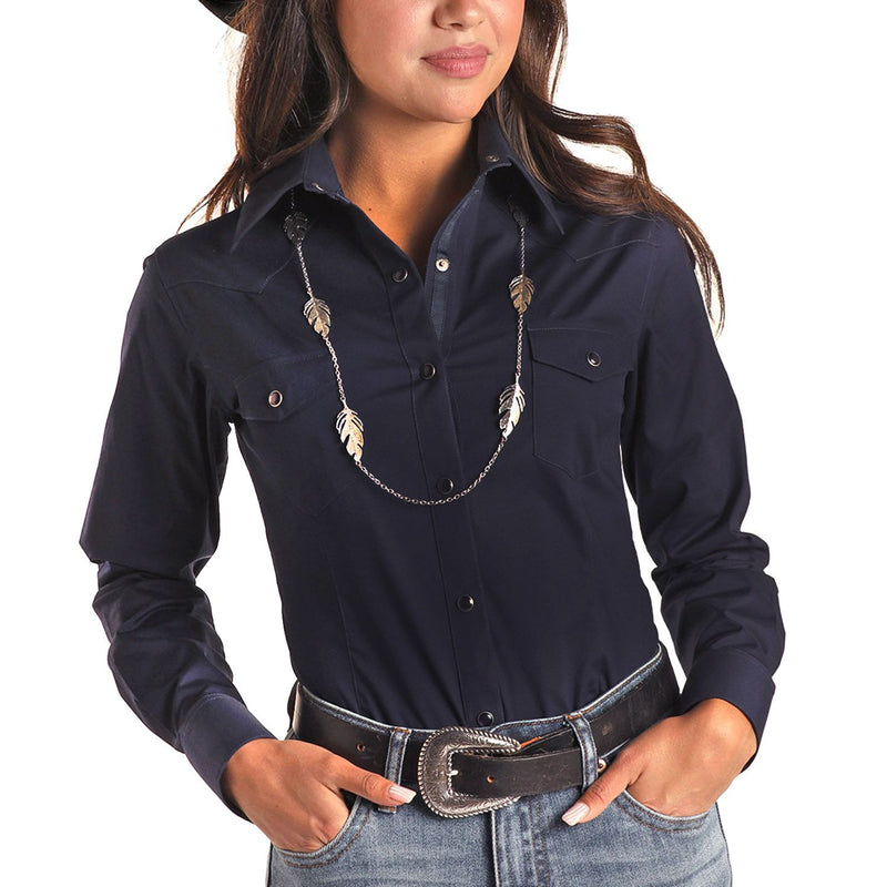 Womans Solid Navy Stretch Long Sleeve Shirt