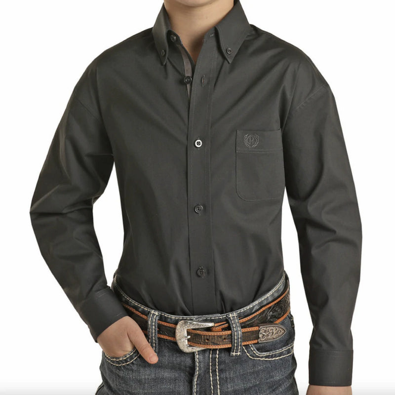 Boys Solid Black Stretch Shirt