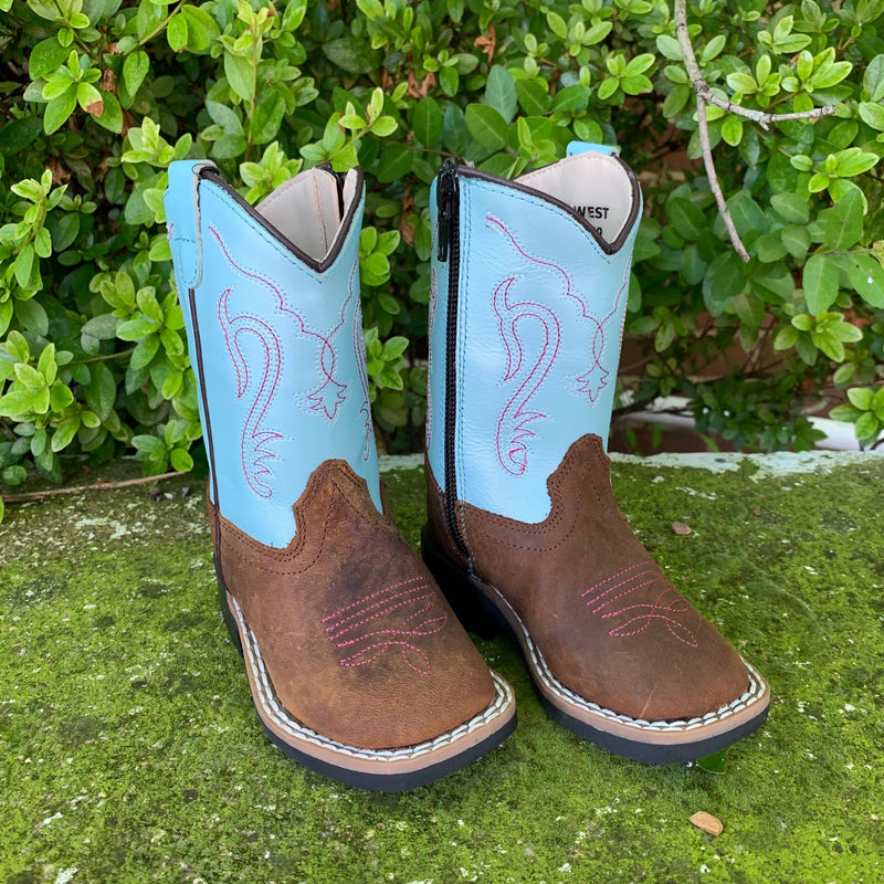 Old West Toddler Silver Blue Square Toe Boots