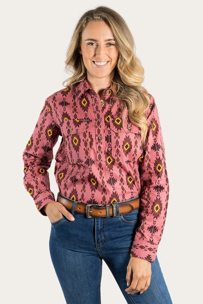 Ringers Western Limited Edition Womens Half Button Work Shirt - Dusty Rose Montana
