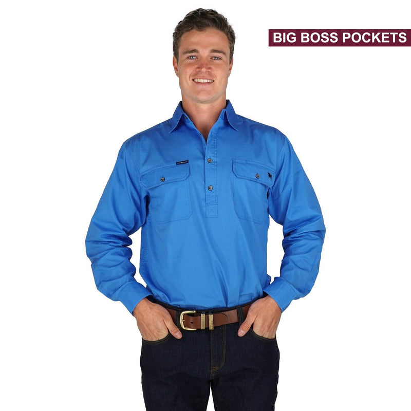 Ringers Western Boss Mens Half Button Work Shirt Blue