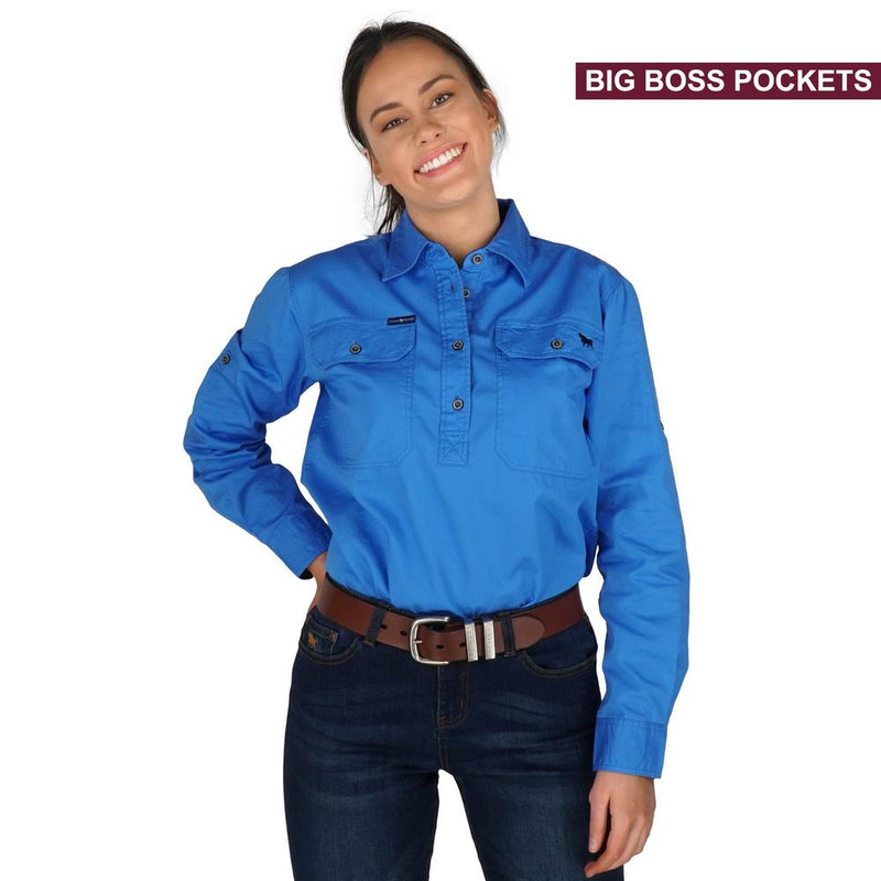 Ringers Western Boss Lady Half Button Work Shirt Blue