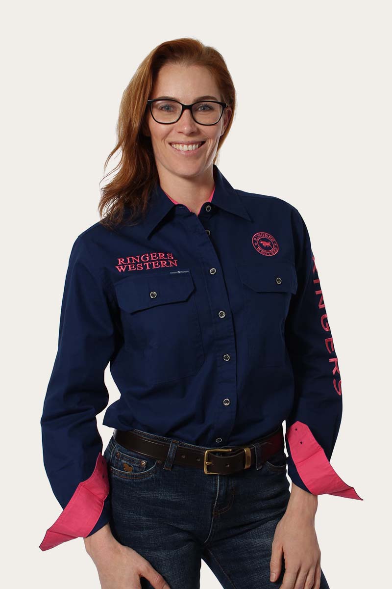 Signature Jillaroo Womens Full Button Work Shirt - Navy/Mellon