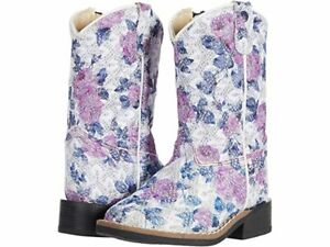 Old West Kids Western Leatherette Flower Square Toe Boots
